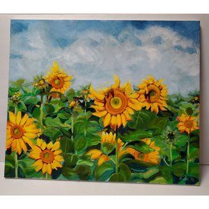 Original Oil Painting, Field of Sunflowers, Artist Signed C. Lea, Canvas 24x20